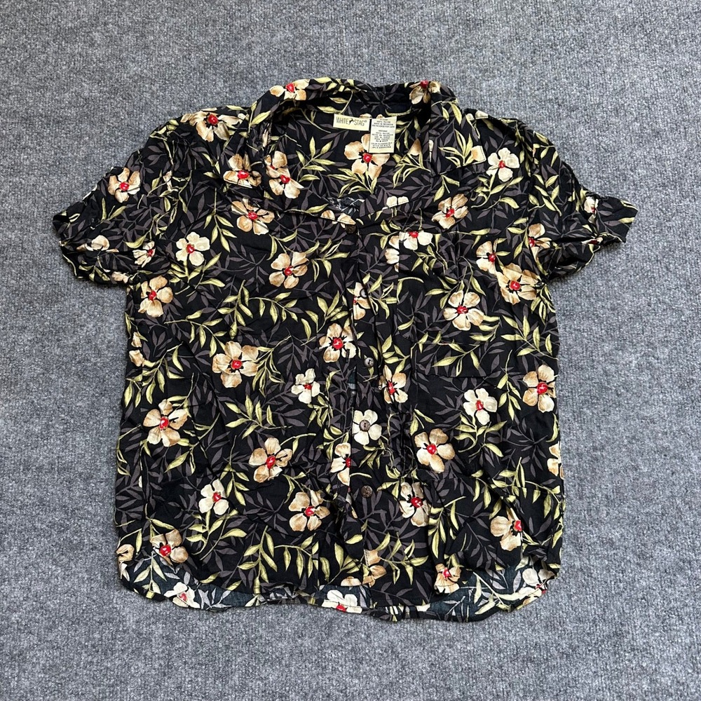 White Stag Shirt Womens Size Medium Black Rayon Plumeria Floral Camp Short